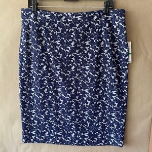 MICHAELKORS L Navy Blue White gray Floral Leaf Stretch brocade Pencil Skirt  NWT